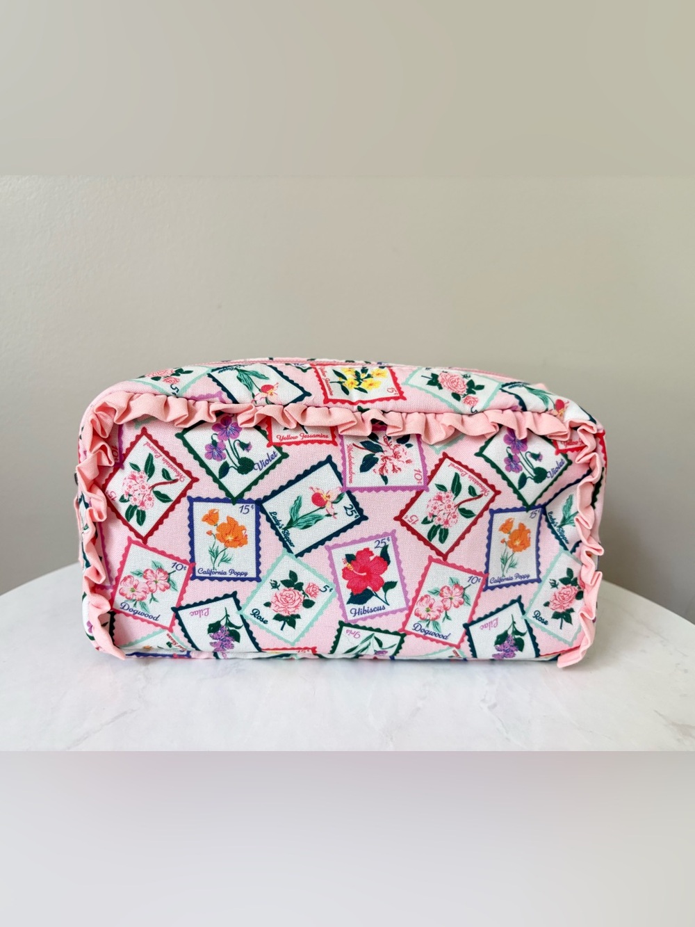 Macy's Pink Floral Stamp Ruffle Cosmetic Pouch